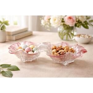 Mikasa Japan 1990s Rosella Pink Frosted Double Bowl Candy Relish Dish, 11x7x3”